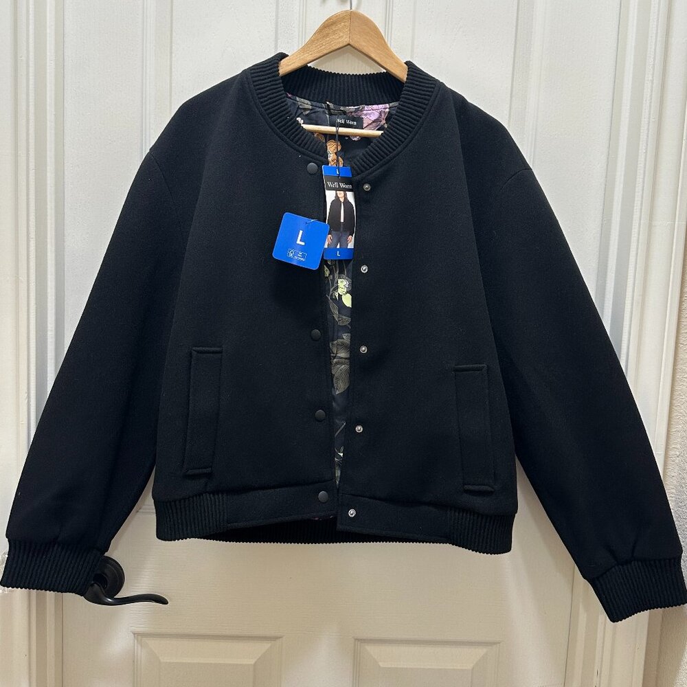 Well Worn Women's Bomber Style Jacket Size L Black Contemporary Academia NEW